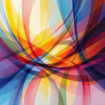 The primary subject of the image is a colorful, abstract artwork featuring a mix of yellow, blue, red, and purple colors. The setting is a white background, which provides a clean and minimalist appearance. The visual style is a combination of digital art and illustration, creating a unique and vibrant piece of art. The dominant colors and overall atmosphere of the image are energetic, lively, and full of life, reflecting the vibrant colors and patterns of the artwork.